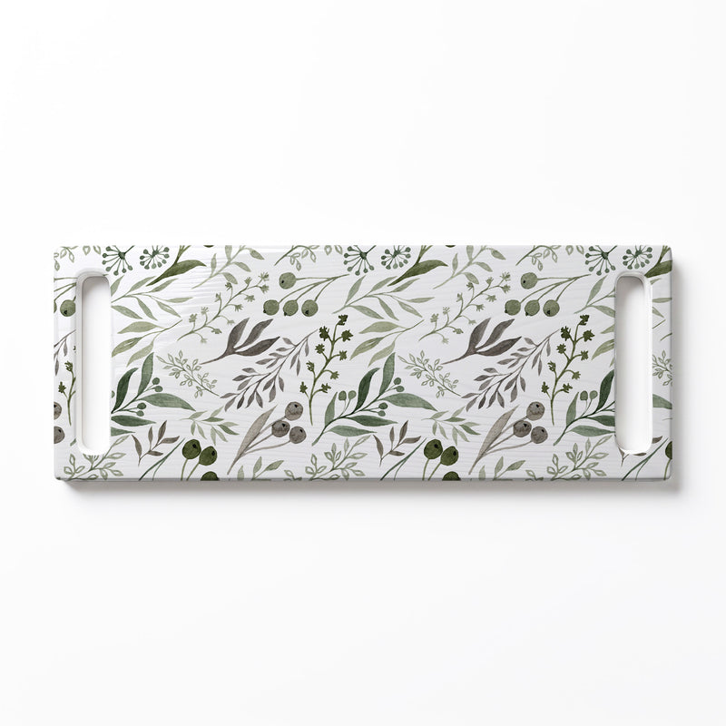 WATERCOLOUR GREEN LEAVES DOUBLE HANDLE SERVING BOARD