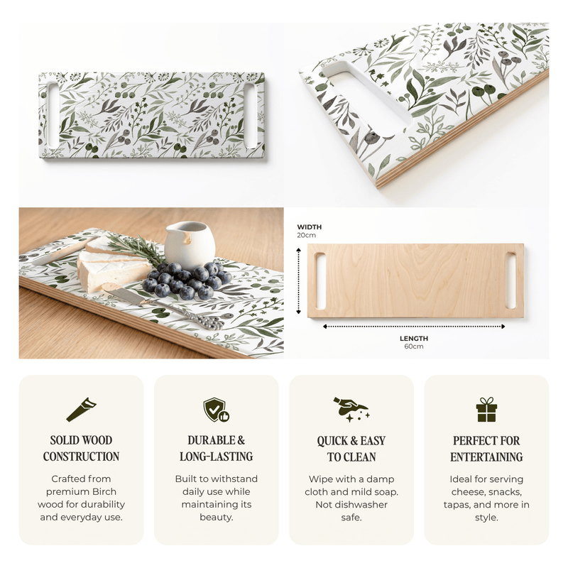 WATERCOLOUR GREEN LEAVES DOUBLE HANDLE SERVING BOARD