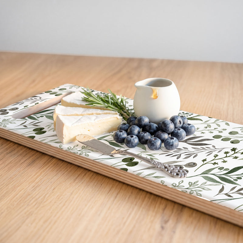 WATERCOLOUR GREEN LEAVES DOUBLE HANDLE SERVING BOARD