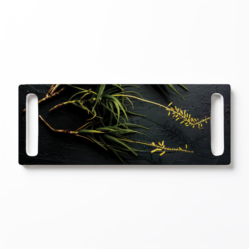 YELLOW BLOSSOMS ALOE BUSH ON GREY DOUBLE HANDLE SERVING BOARD