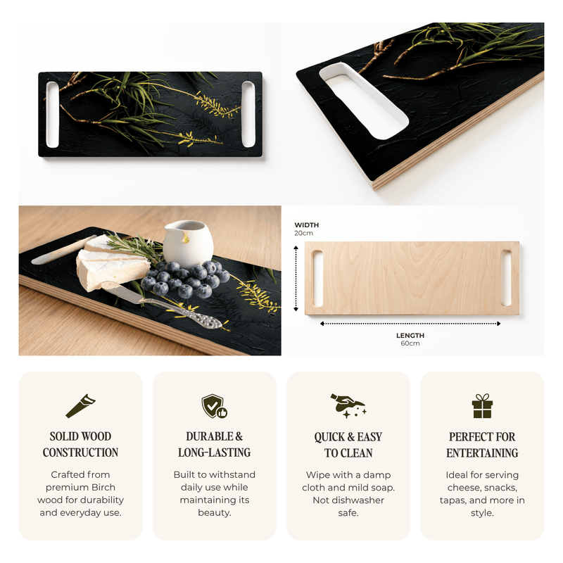 YELLOW BLOSSOMS ALOE BUSH ON GREY DOUBLE HANDLE SERVING BOARD