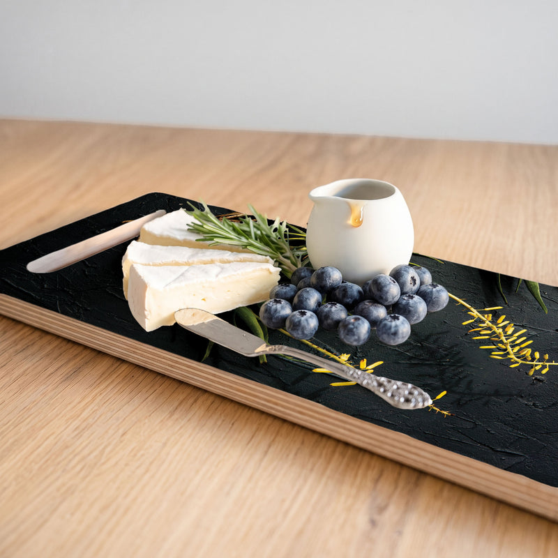 YELLOW BLOSSOMS ALOE BUSH ON GREY DOUBLE HANDLE SERVING BOARD