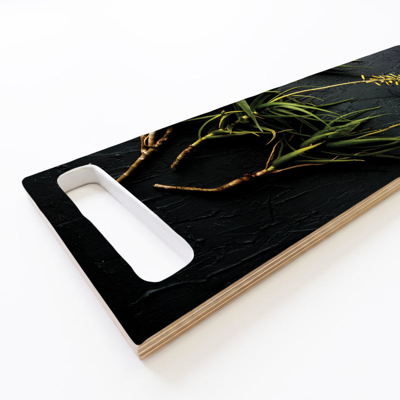 YELLOW BLOSSOMS ALOE BUSH ON GREY DOUBLE HANDLE SERVING BOARD