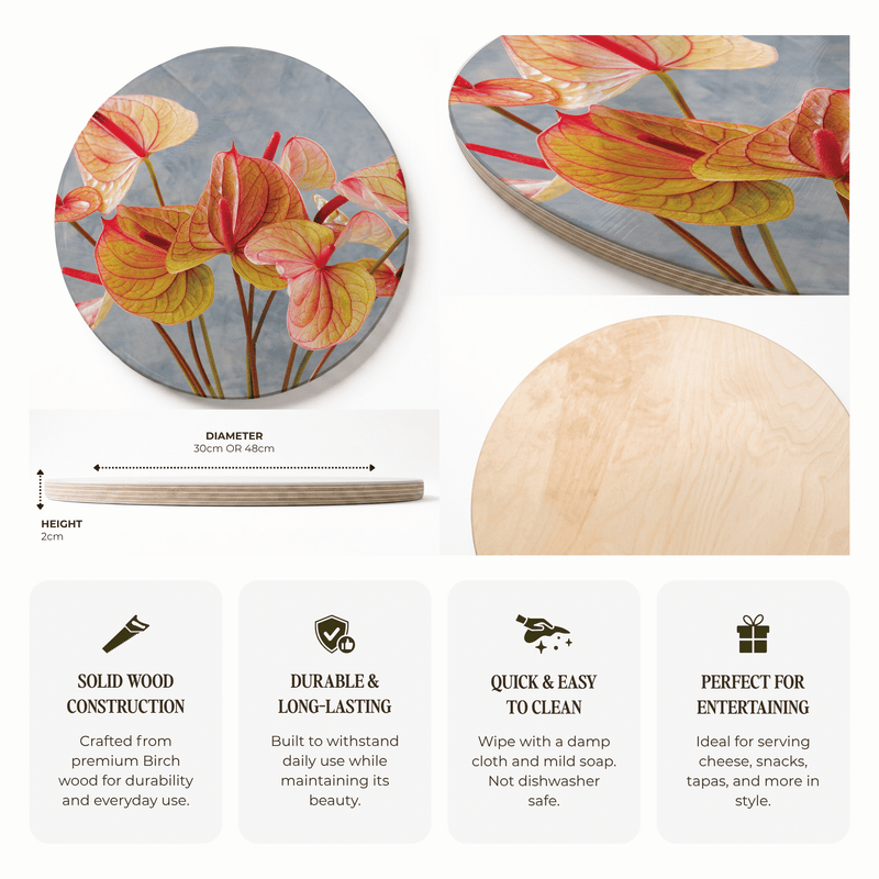 ANTHURIUM LIGHT PINK AND GREEN ROUND SERVING BOARD