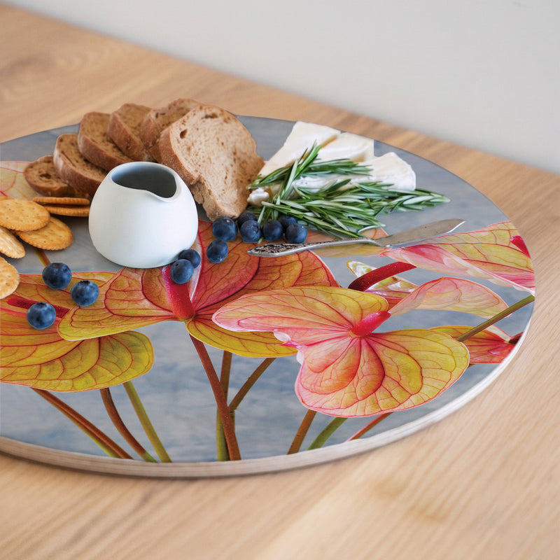 ANTHURIUM LIGHT PINK AND GREEN ROUND SERVING BOARD