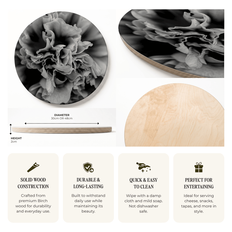 A product information graphic for a printed wooden serving board featuring a black and white floral peony print on one side and a natural light wood grain side. The graphic includes a circular close-up of the wood texture, a side profile with dimensions (30cm or 48cm diameter, 2cm height), and four feature callout boxes describing solid wood construction, durability, easy cleaning, and suitability for entertaining.