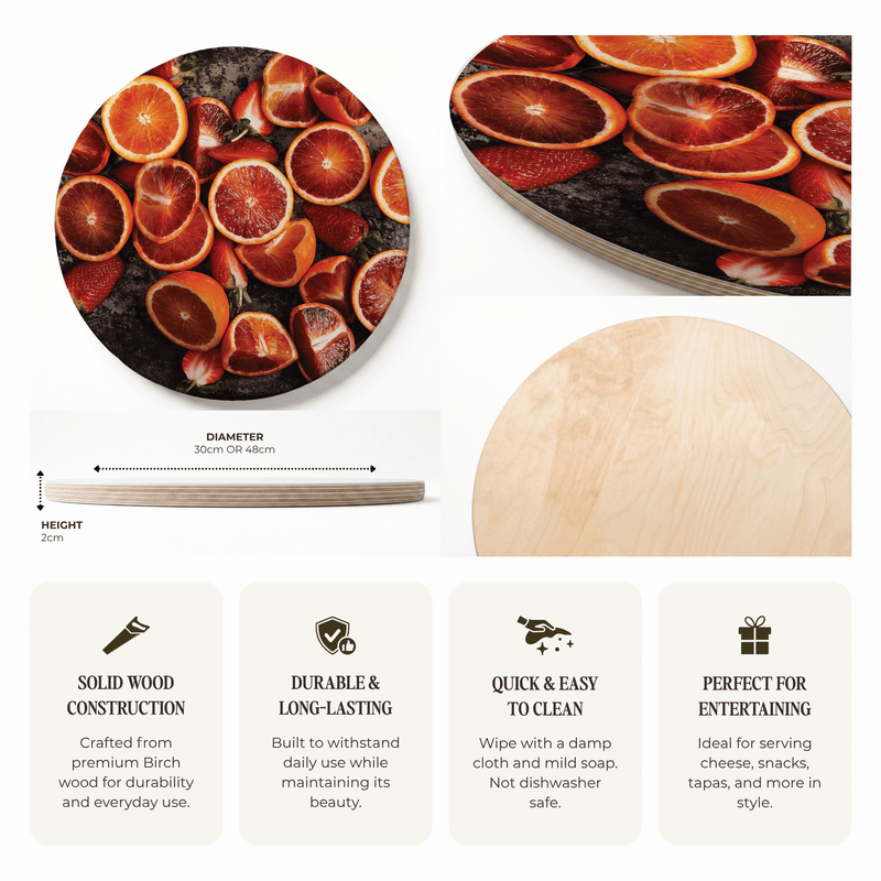 BLOOD ORANGES ON RUSTIC TRAY ROUND SERVING BOARD