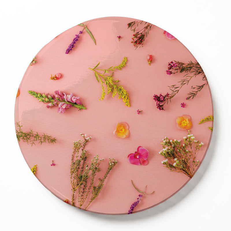 BLOSSOMS ON PINK ROUND SERVING BOARD