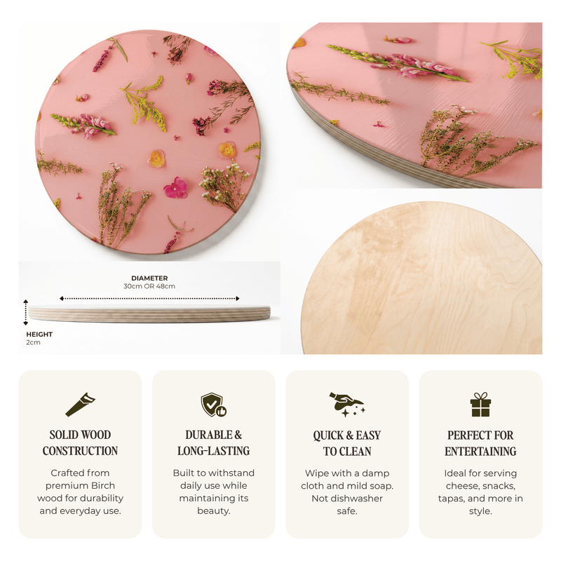 BLOSSOMS ON PINK ROUND SERVING BOARD