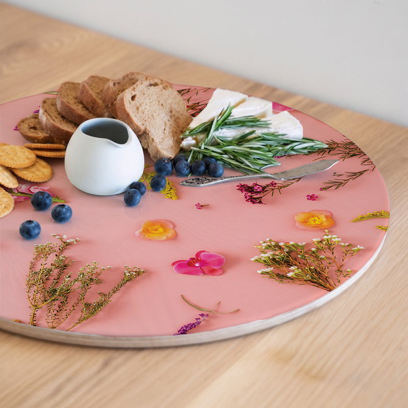BLOSSOMS ON PINK ROUND SERVING BOARD