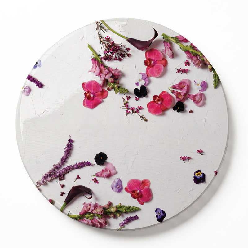 BLOSSOMS ON WHITE ROUND SERVING BOARD