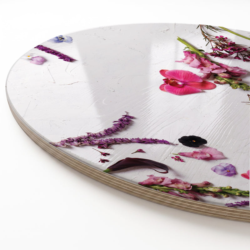 BLOSSOMS ON WHITE ROUND SERVING BOARD