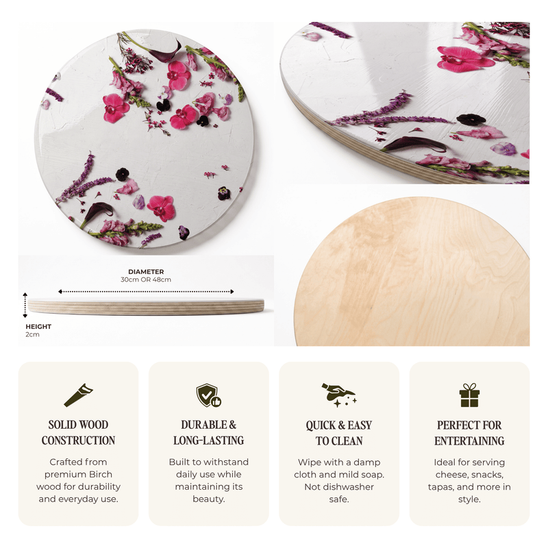 BLOSSOMS ON WHITE ROUND SERVING BOARD