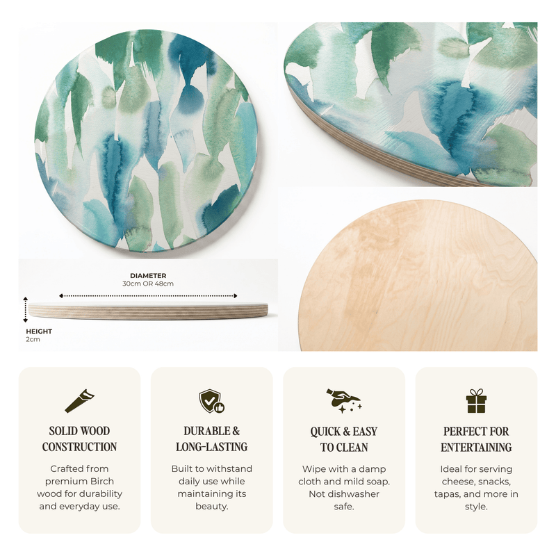 BLUE AND GREEN WATERCOLOUR PAINT PATTERN ROUND SERVING BOARD