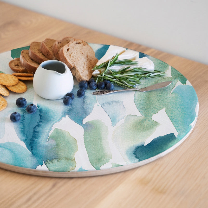 BLUE AND GREEN WATERCOLOUR PAINT PATTERN ROUND SERVING BOARD