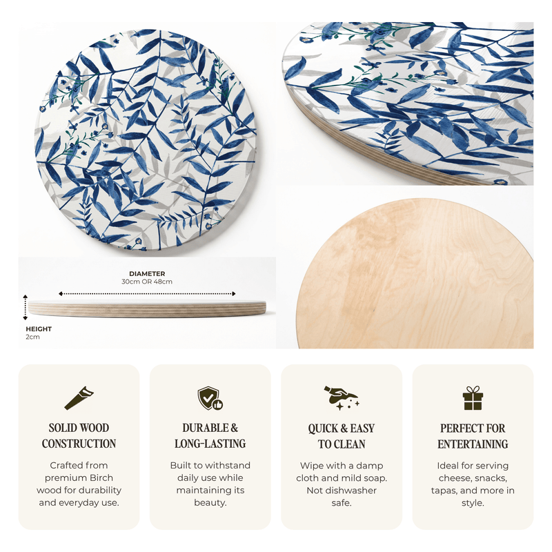 BLUE AND GREY LEAFY LAYERS ROUND SERVING BOARD