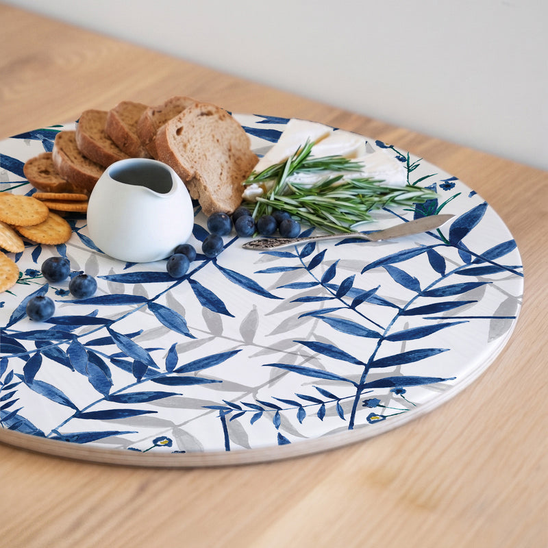 BLUE AND GREY LEAFY LAYERS ROUND SERVING BOARD