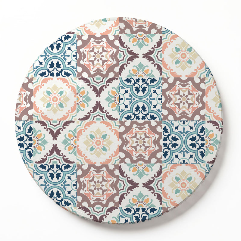 BLUE AND MAUVE TILE PATTERN ROUND SERVING BOARD