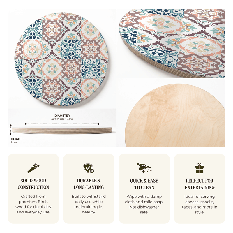 BLUE AND MAUVE TILE PATTERN ROUND SERVING BOARD