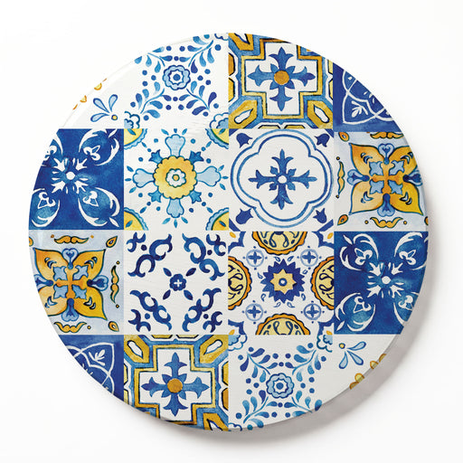 A round wooden serving board featuring a blue-and-yellow watercolour Lisbon tile print, set against a clean white background.