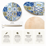 A round wooden serving board with a colourful Lisbon tile pattern on the top, shown alongside a plain light wood view and a close-up of the wood grain. The graphic includes dimensions (diameter 30cm or 48cm, height 2cm) and four feature callouts: solid wood construction, durable and long-lasting, quick and easy to clean, and perfect for entertaining.