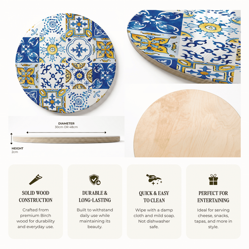 A round wooden serving board with a colourful Lisbon tile pattern on the top, shown alongside a plain light wood view and a close-up of the wood grain. The graphic includes dimensions (diameter 30cm or 48cm, height 2cm) and four feature callouts: solid wood construction, durable and long-lasting, quick and easy to clean, and perfect for entertaining.