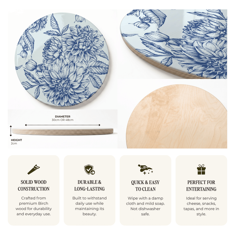 BLUE BOTANICAL LINE ART ROUND SERVING BOARD