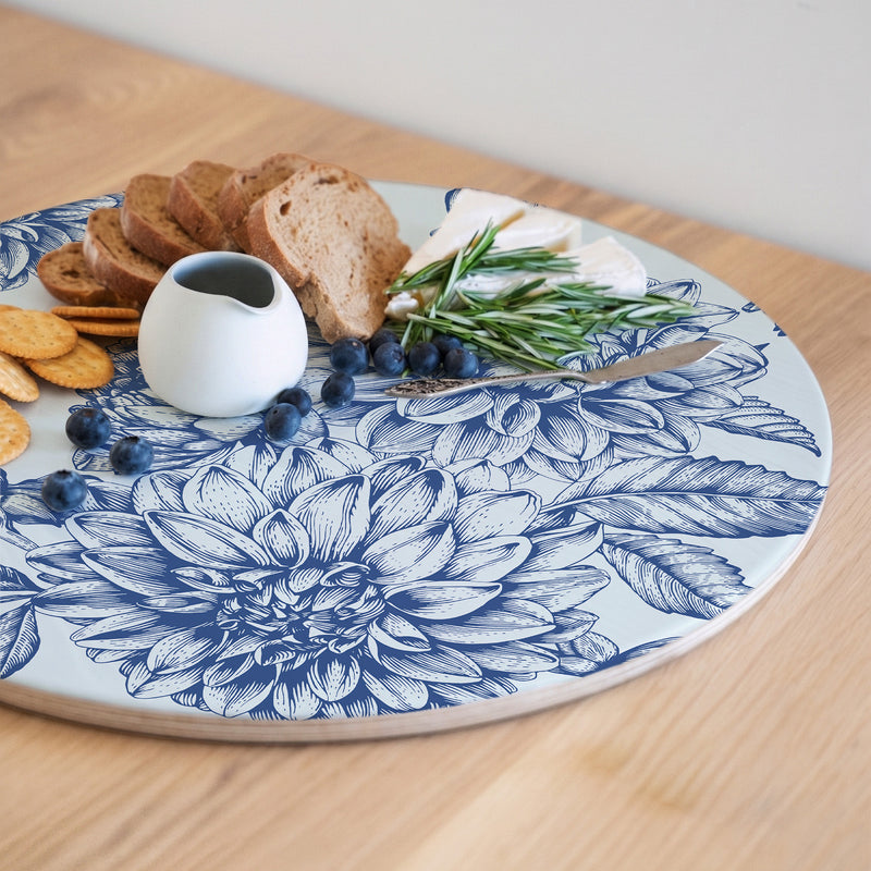 BLUE BOTANICAL LINE ART ROUND SERVING BOARD
