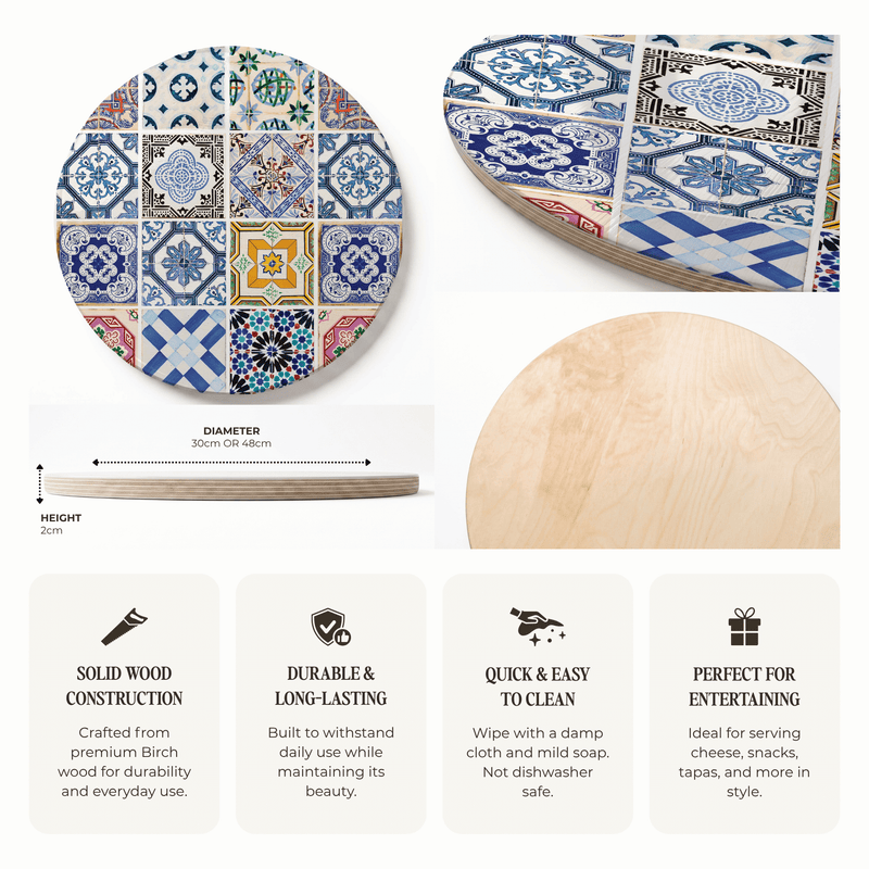 BLUE COLOURFUL TILE ROUND SERVING BOARD