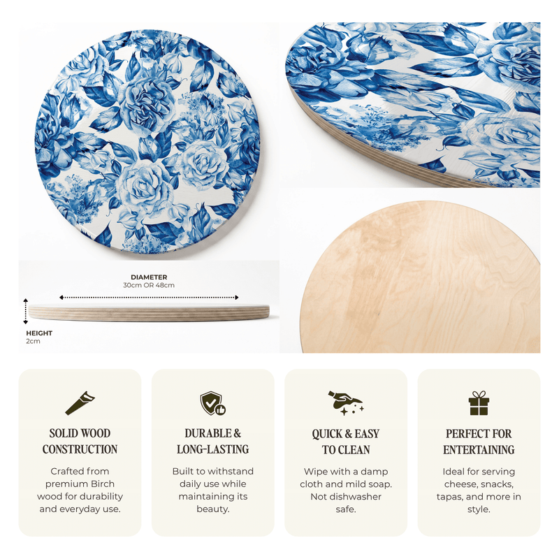 BLUE ROSE GARDEN ROUND SERVING BOARD