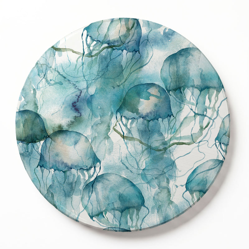 BLUE OCEAN WATERCOLOUR JELLYFISH ROUND SERVING BOARD