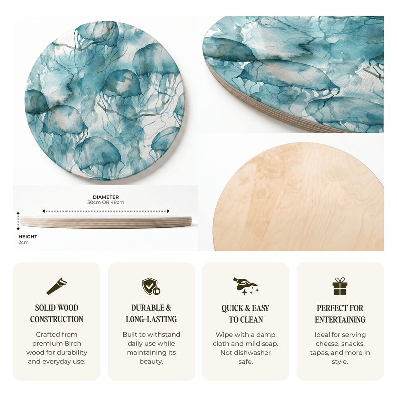 BLUE OCEAN WATERCOLOUR JELLYFISH ROUND SERVING BOARD
