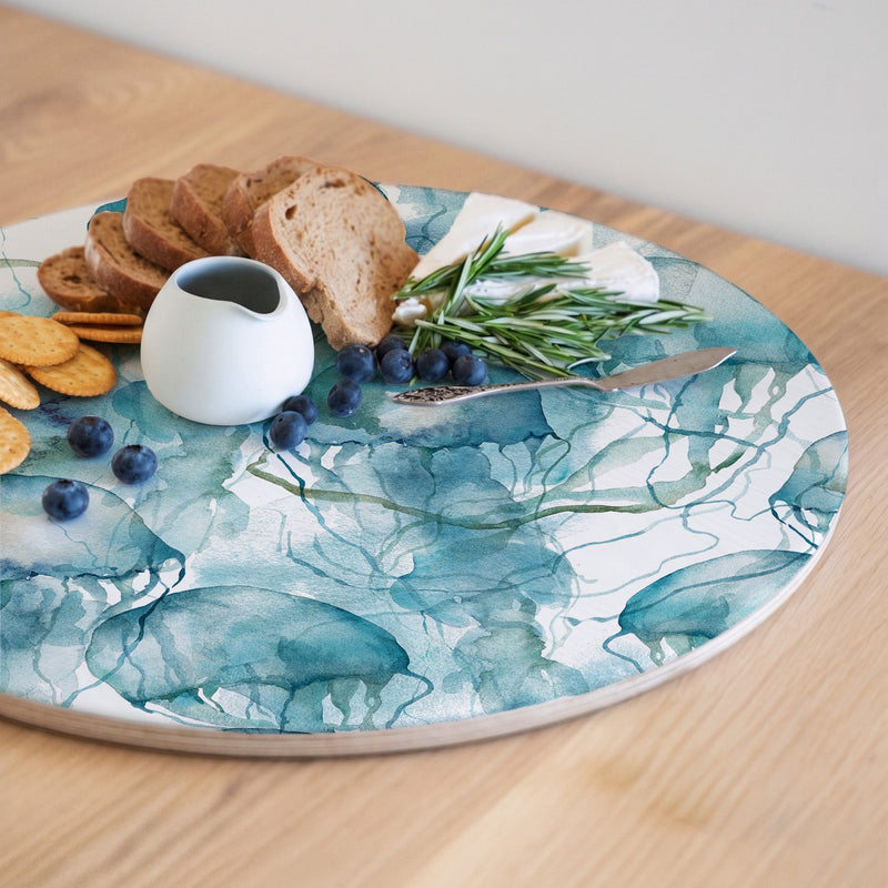 BLUE OCEAN WATERCOLOUR JELLYFISH ROUND SERVING BOARD