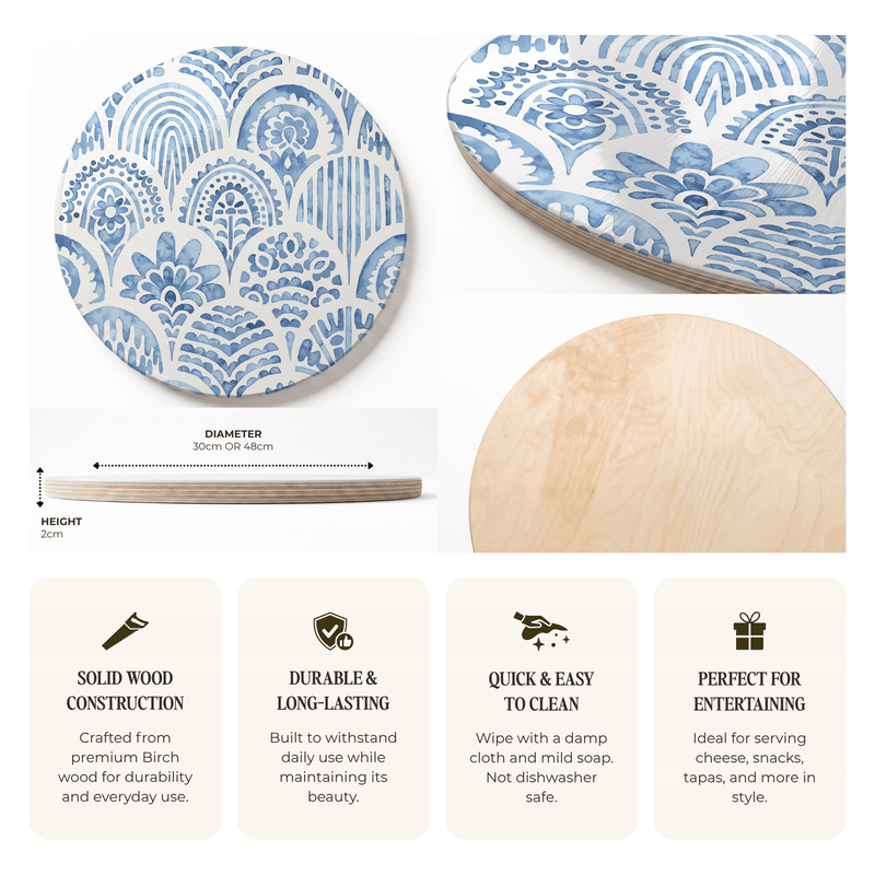 BLUE WATERCOLOUR SCALLOP PATTERN ROUND SERVING BOARD