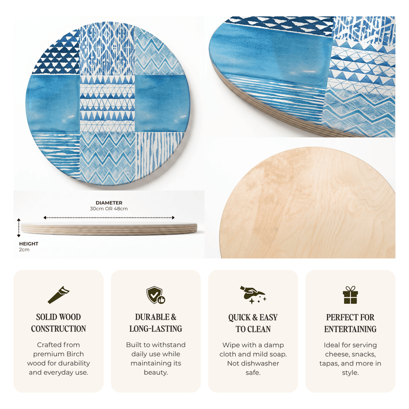 BLUE WATERCOLOUR TILE PATTERN ROUND SERVING BOARD