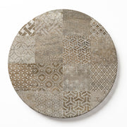 A wooden serving board featuring a brown modern tile pattern print on a white background.