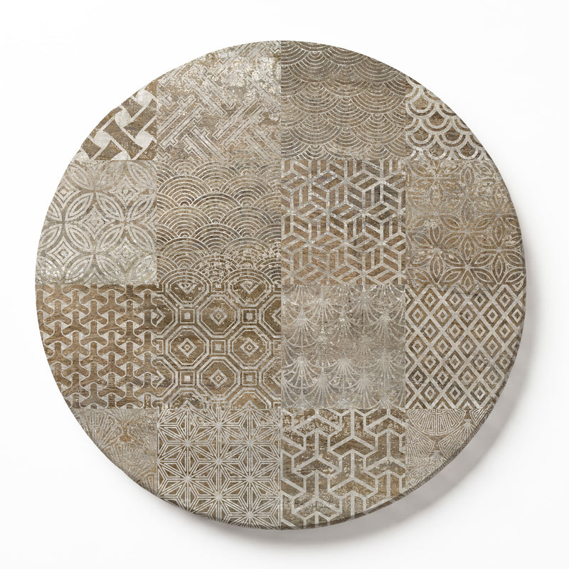A wooden serving board featuring a brown modern tile pattern print on a white background.