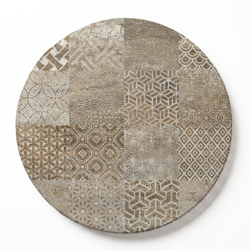 A wooden serving board featuring a brown modern tile pattern print on a white background.