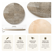 A round wooden serving board with a patchwork of geometric and floral wood grain patterns in beige, brown, and gray tones, shown alongside a smaller oval view, a height measurement of 2cm, and four feature callout panels describing solid wood construction, durability, easy cleaning, and suitability for entertaining.