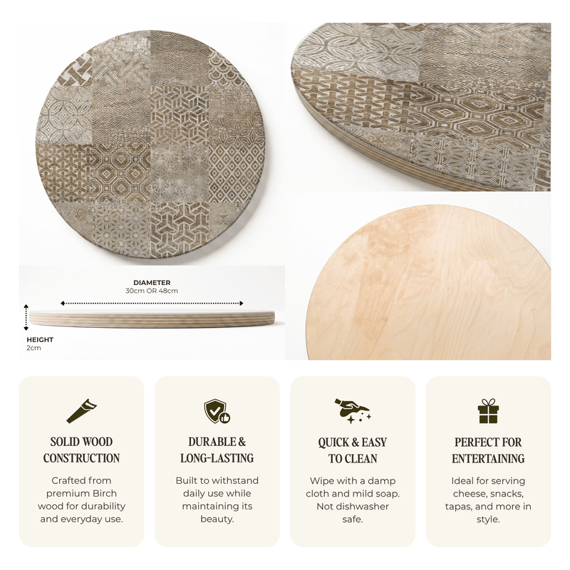 A round wooden serving board with a patchwork of geometric and floral wood grain patterns in beige, brown, and gray tones, shown alongside a smaller oval view, a height measurement of 2cm, and four feature callout panels describing solid wood construction, durability, easy cleaning, and suitability for entertaining.