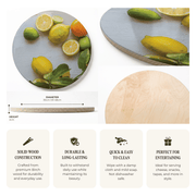 A round wooden serving board with a printed citrus and leaf pattern, shown in multiple views with dimension labels and feature callouts on a white background.