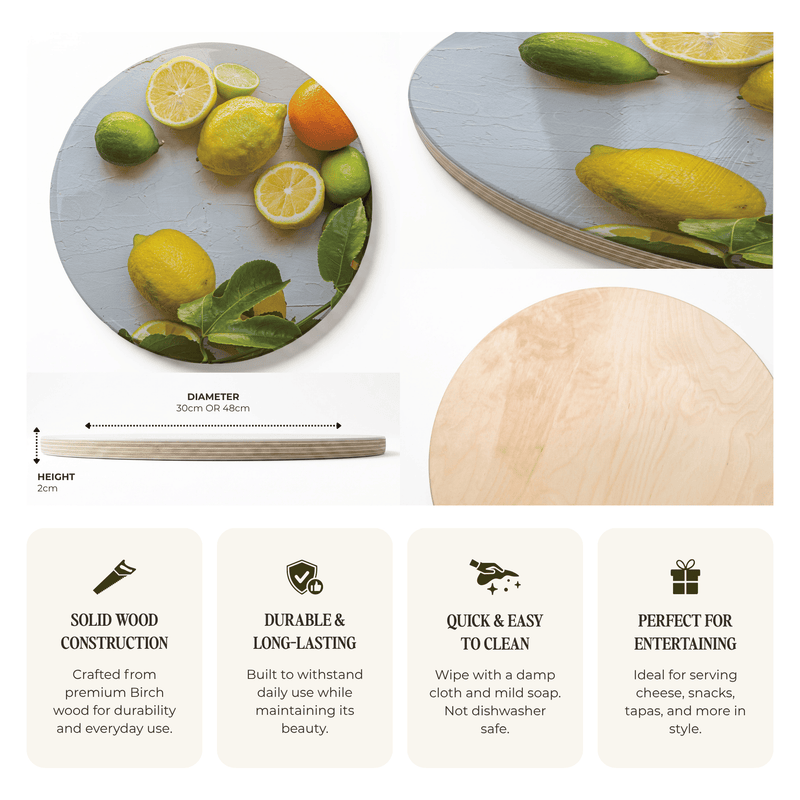 A round wooden serving board with a printed citrus and leaf pattern, shown in multiple views with dimension labels and feature callouts on a white background.