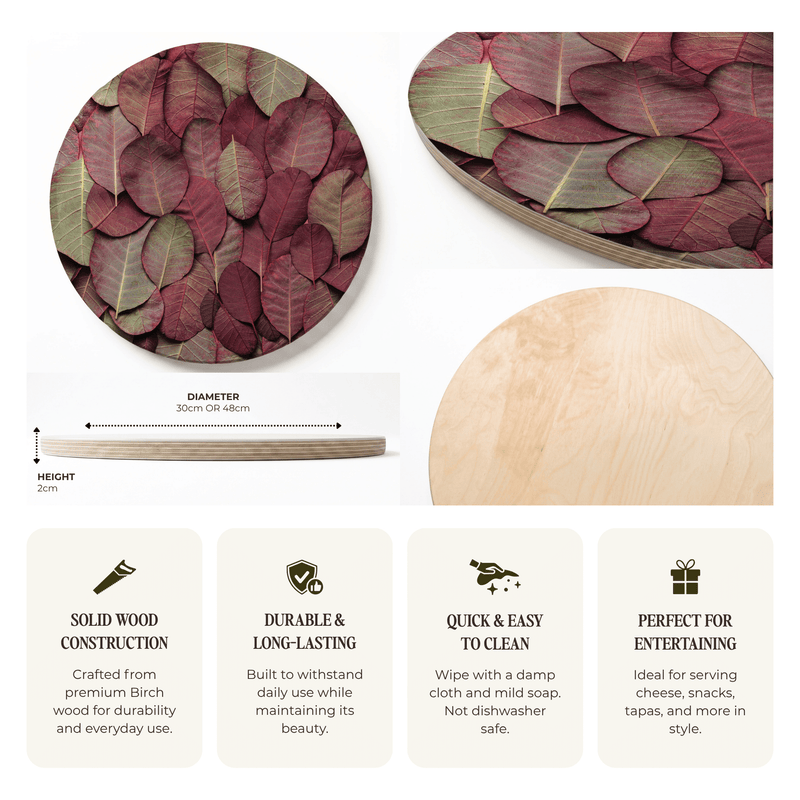 DARK MAUVE AND GREEN LEAVES ROUND SERVING BOARD
