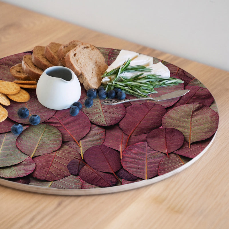 DARK MAUVE AND GREEN LEAVES ROUND SERVING BOARD