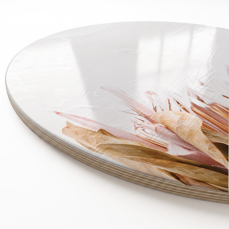 DRIED PINK KING PROTEA WITH LEAVES ROUND SERVING BOARD