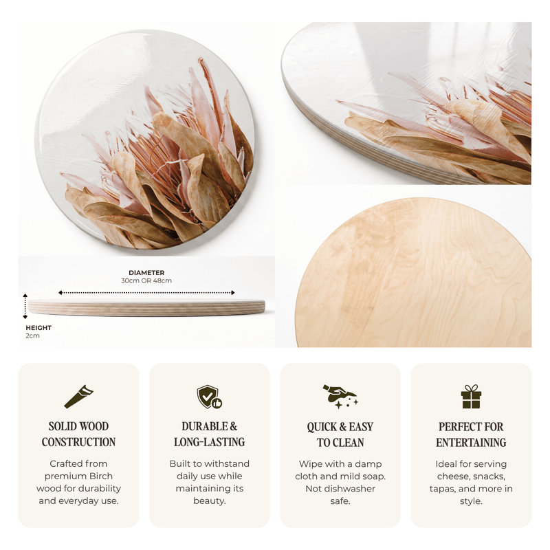 DRIED PINK KING PROTEA WITH LEAVES ROUND SERVING BOARD