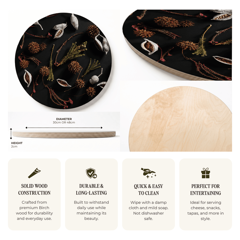 DRIED PODS AND SEEDS ROUND SERVING BOARD