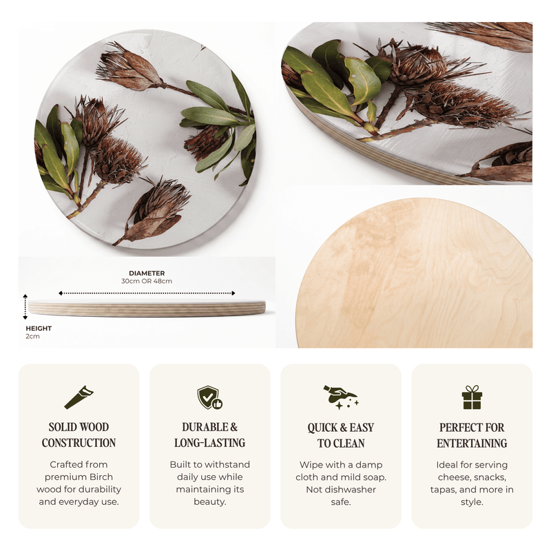 DRIED PROTEAS WITH GREEN LEAVES ROUND SERVING BOARD