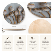 A product information graphic for a round wooden serving board featuring dried poppy pods. The collage shows the board from multiple angles, including a close-up of the natural light wood grain on the right side.
