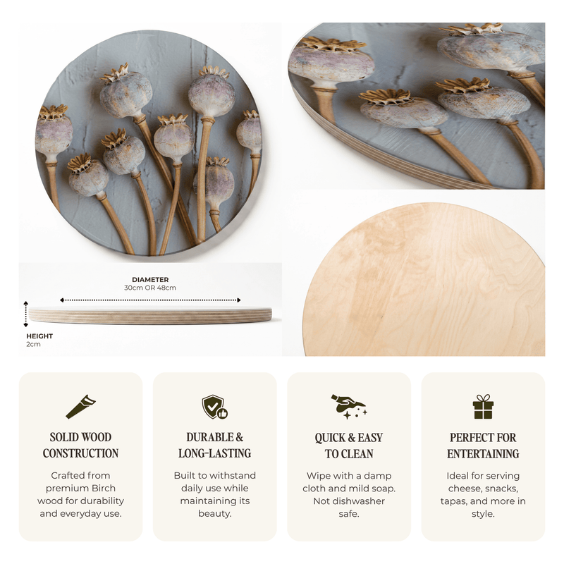 A product information graphic for a round wooden serving board featuring dried poppy pods. The collage shows the board from multiple angles, including a close-up of the natural light wood grain on the right side.